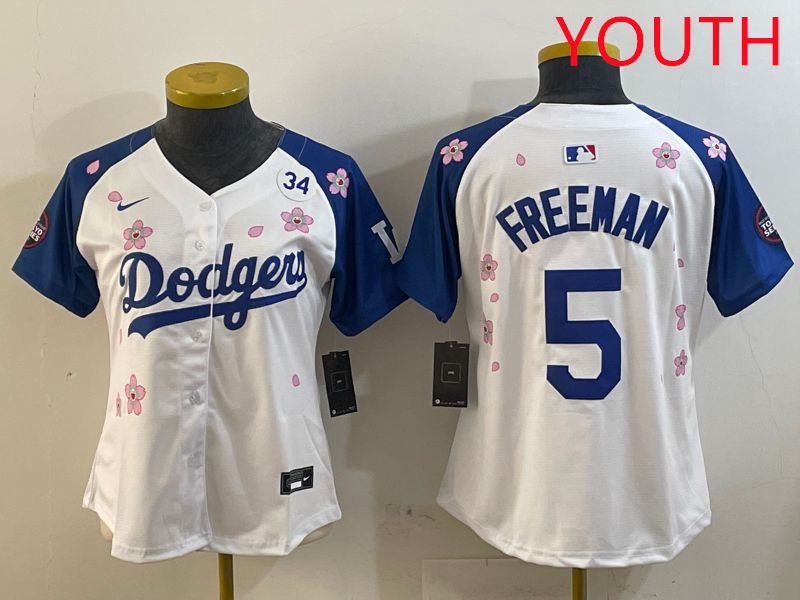 Youth Los Angeles Dodgers #5 Freeman White Blue Sakura Edition 2025 Nike MLB Jersey style 4